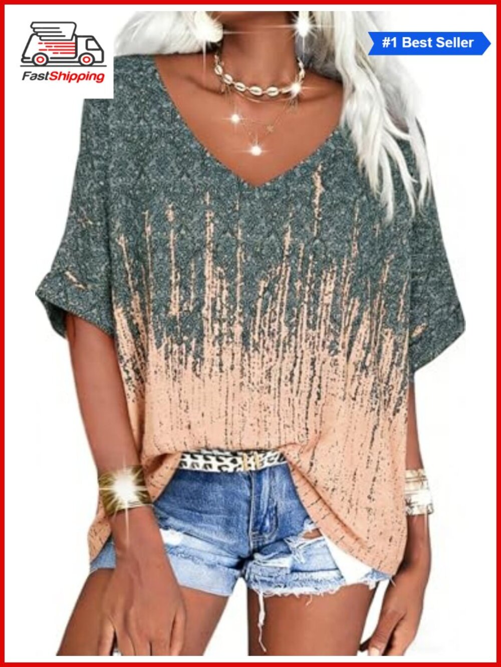 Oversized Striped V Neck Batwing Short Sleeve Summer T Shirt